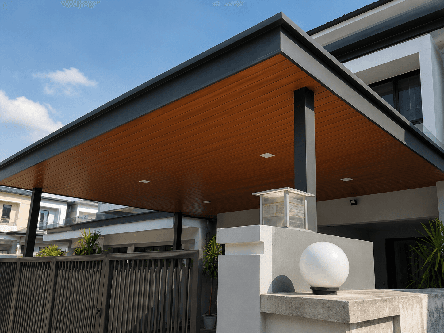 Modern awning extension Penang with metal roof, gutter, flashing, and steel structure detail
